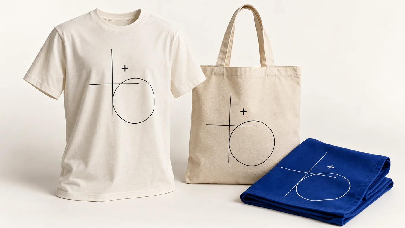 Camiseta, ecobag e tecido azul com grafismos geométricos