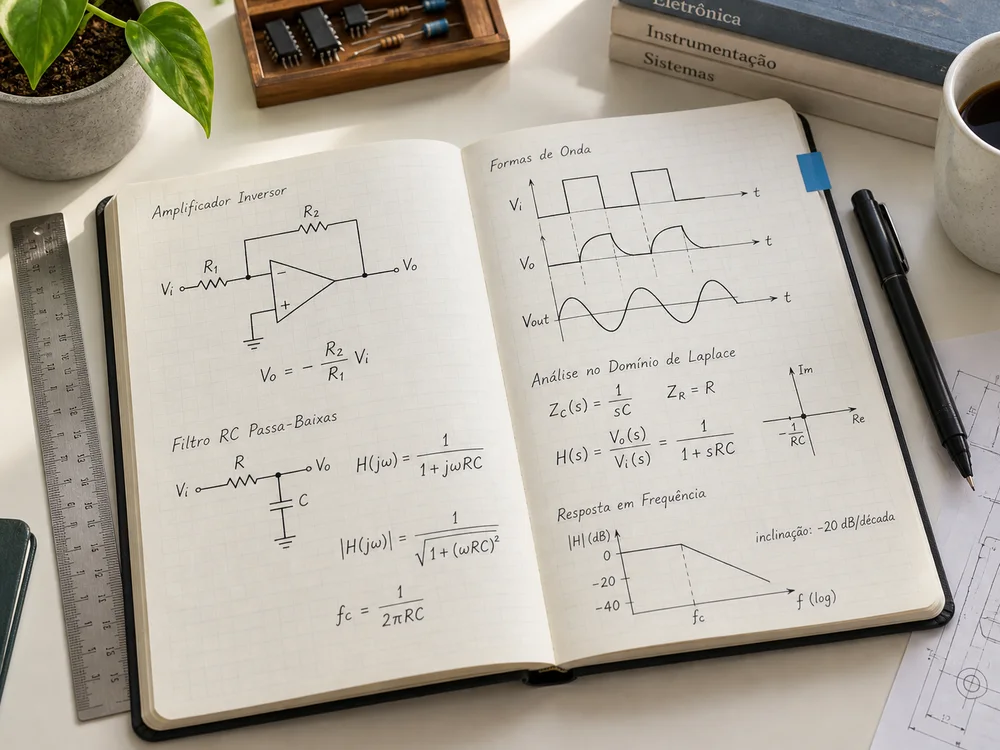 Caderno aberto com anotações e diagramas de eletrônica
