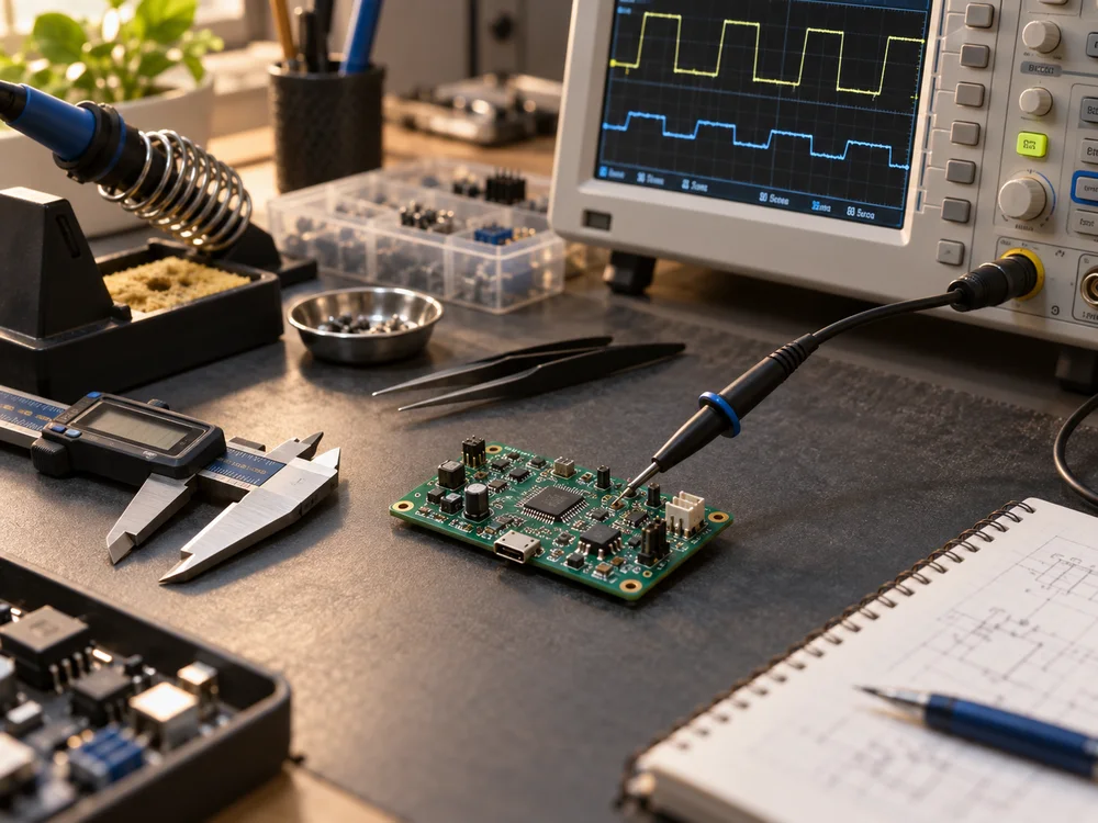 Bancada eletrônica com osciloscópio, instrumentos e circuito em teste